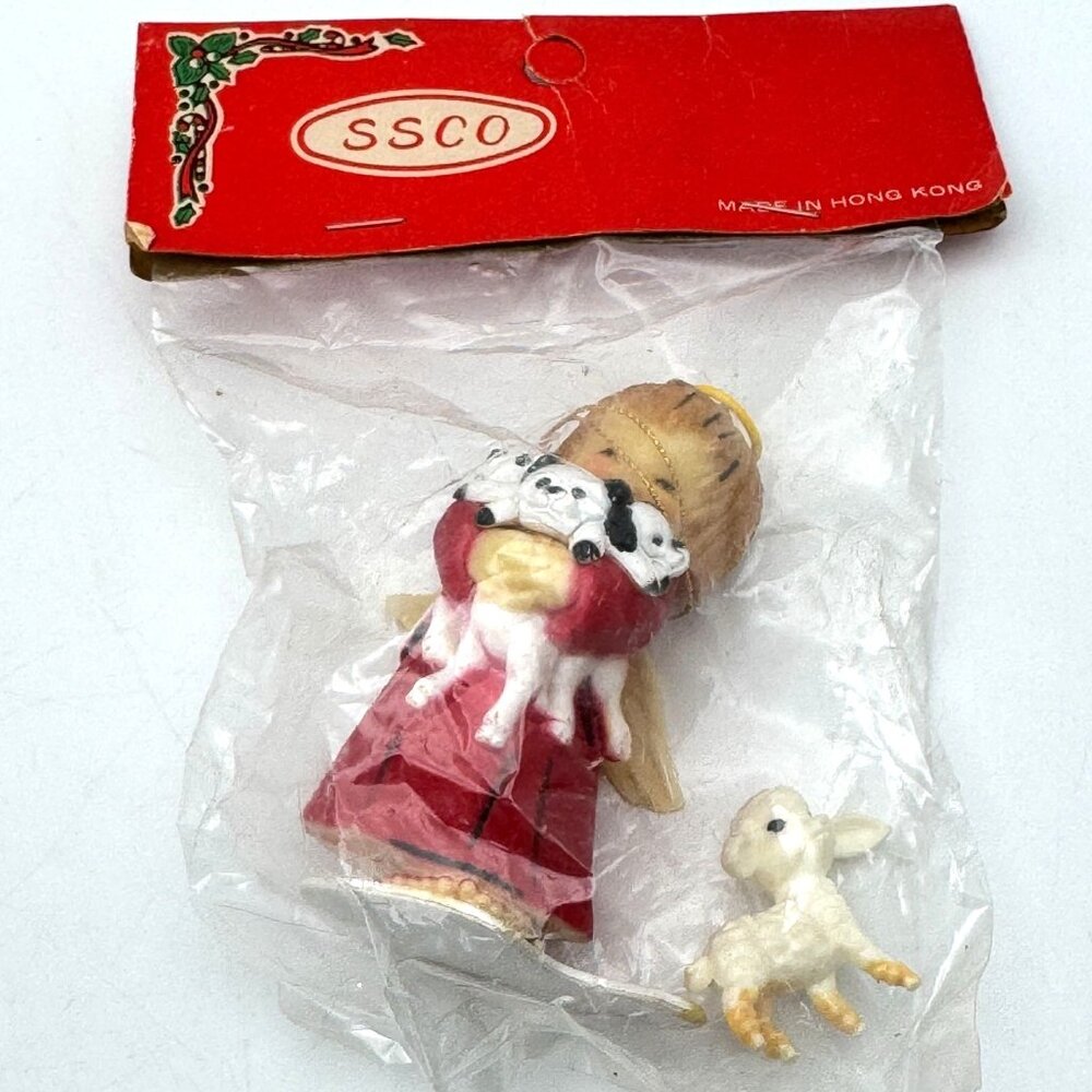 Cake Topper Girl Halo Holding Puppies & Lamb Red Dress Hong Kong Vtg SSCO NOS